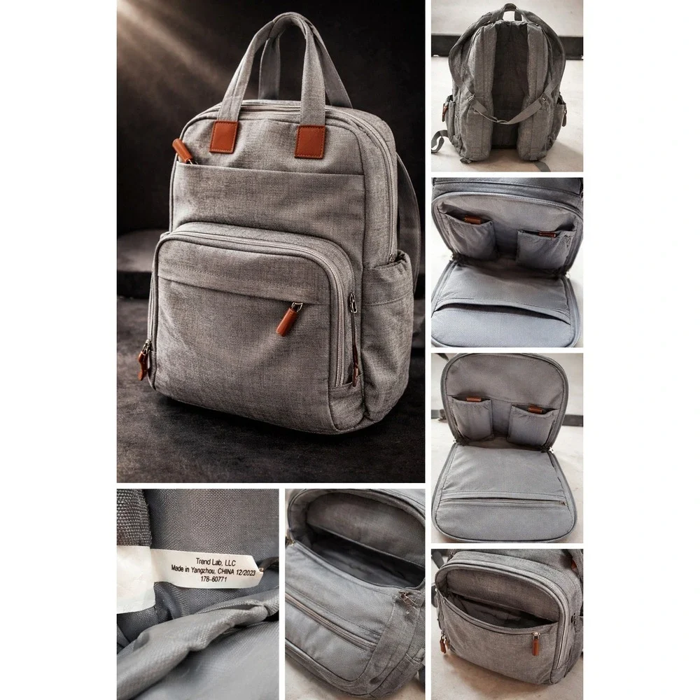 Trend Lab Gray Diaper Bag Backpack‎ Heathered Fabric Brown Trim 178-60771